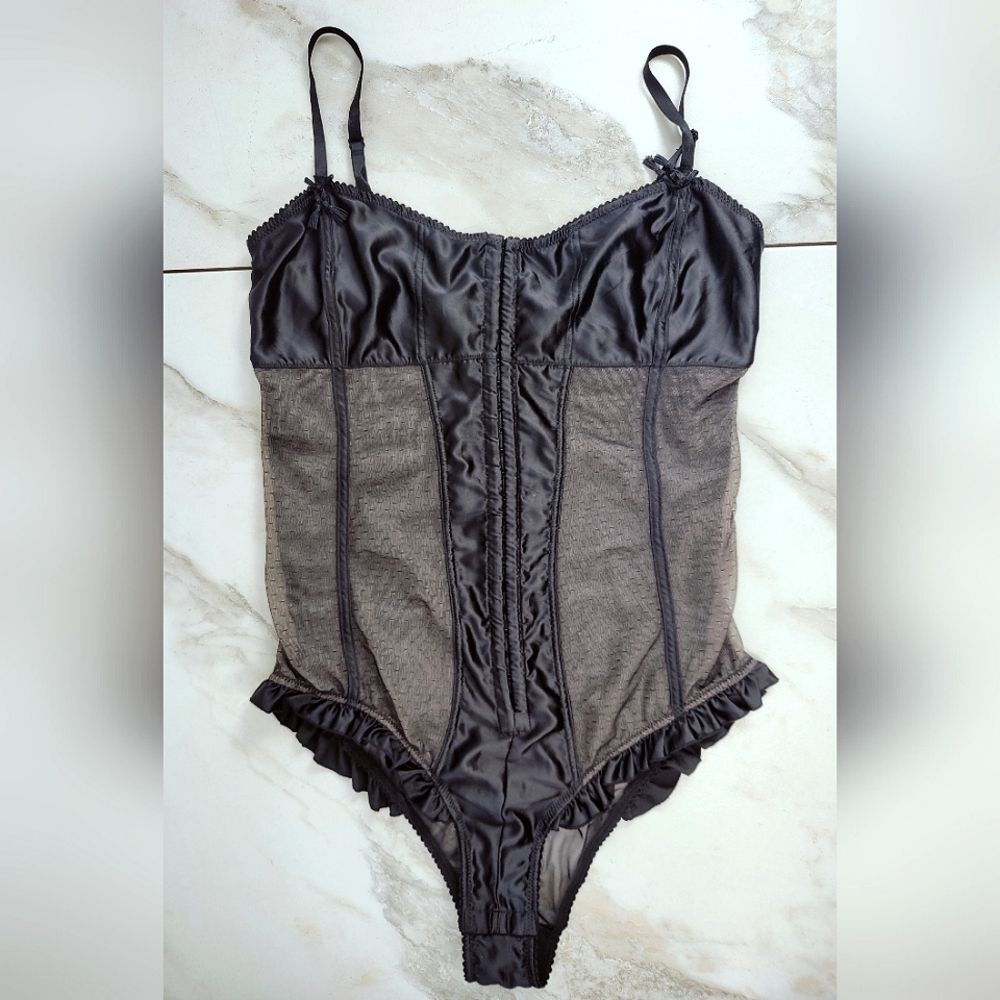 Frederick's Of Hollywood Black Lace Mesh Satin Tassels Ruffle Corset Bodysuit, L